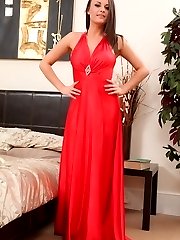 Siobhan posing in silk dress and pantyhose
