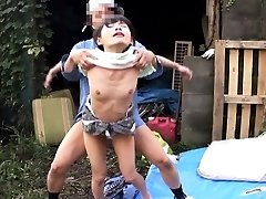 Cocksucking asian outdoors in 3some fucked