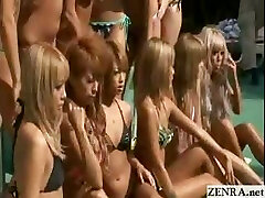 Tanned group of Asian teens pose for a sans bra pool photo shoot