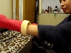 Asian Femdom Red Rubber Glove Draining
