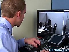 Big-chested office cfnm babes cockriding in three