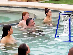 Swinger couples hop naked into the pool
