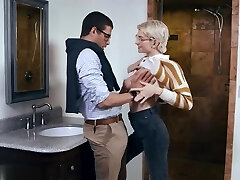 Short haired blonde with glasses, Skye Blue got fucked after giving a blowjob to a friend