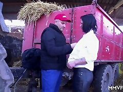 Dirty cheap village super-bitch gets mouthfucked by farm man quite hard