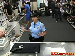 Real cop flashes her tits to pawnbroker for currency