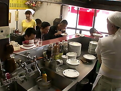 Kitchen maid in Asia Supermarket gets fucked by every boy in the Shop