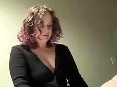 Curvy domme pegs trans sub whore in hotel with her strap on 
