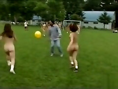 Bare Asian girls play soccer with the guys