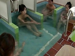 Japanese stunners take a shower and get frigged by a pervert guy