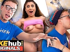 FAKEhub - Red-hot Indian British model licks the cum of dorks glasses after he blows a load on his own face