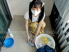 Myanmar Little Maid loves to fuck while washing the clothes