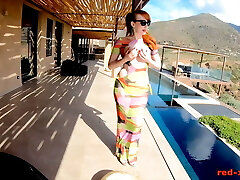 Red-haired MILF Red XXX masturbating outside by the pool 