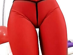 Big Cameltoe and Round Ass Babe In Tight Crimson Spandex