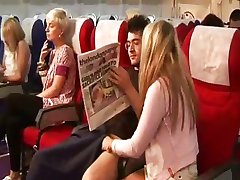 Plane babes raise trays for hot handjob