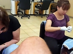 Cock show and jack off cum shot while getting pedicure