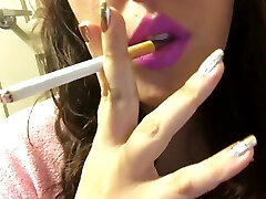 Sexy Black-haired Babe Close Up Smoking Cork Tip 100 Cig Pastel Pinkish Lipstick