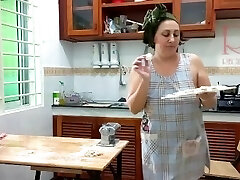 Ravioli Time! Naked Cooking. Regina Noir, a nudist cook at nudist hotel resort. Bare maid. Naked hou