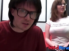 Nerdy chick with huge natural tits Jessica Lo sucks beef whistle POV