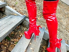 Step by step Lady L red boots extreme high high-heeled shoes.