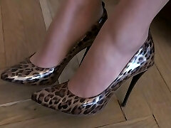 Tan Pantyhose Leopard Stiletto High Heels Pound Me Pumps