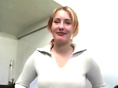 Chubby mature blonde female gives interview and undresses