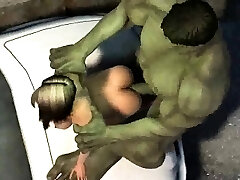 THREE DIMENSIONAL cartoon babe gets pummeled outdoors by The Hulk