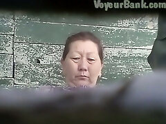 Hairy beaver of a mature Asian lady in the public toilet guest room