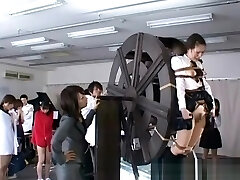 asian schoolgirls punished on waterwheel