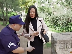 Dressed like a police officer dude finds two foreign girls to have bang-out with