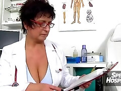 Fatty stud ejaculates a lot of semen on hot legs milf nurse Maya