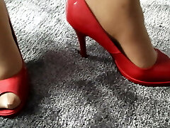 wife modelling in red peep toe heels of another chick