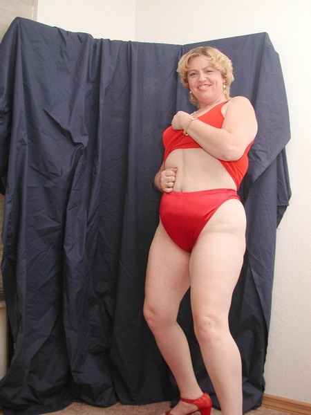 Short Haired Fat Blonde in Red Teasing and Revealing Red Panty