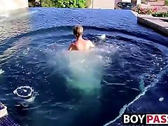 Blonde hi di six Tyler Thayer jerking his cock near the pool