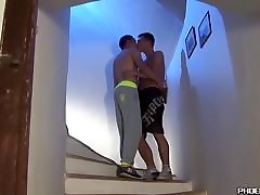 Horny boy small car boyfriends blowing each other at the stairs