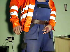 Squirting a thick load in overalls during work break