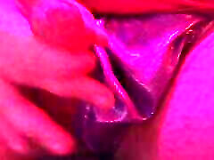 Panty Cum in a Purple Satin Thong