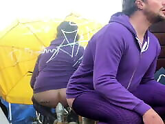 Wearing purple cloths while I fuck my ass in public