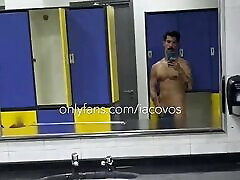 iacovos first time fukef in public gym locker room in Athens, Greece, showing off big hairy Greek cock