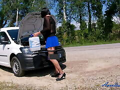 Adding Adblue In My Car By The Road In A Miniskirt And Transparent Top