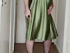 Hot crossdresser green satin slip dress