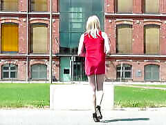 Red Mini-Dress and High suckin dildo - Crossdresser in public