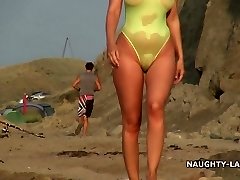Sheer bathing suit and nude on the beach
