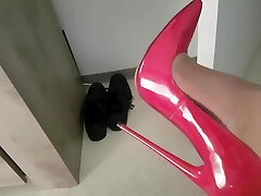 My wife whith new red high-heeled shoes