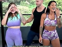 Yoga coach got a boner when he stretched two latinas and they had to fellate his cock