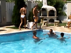 Amateur babes group fucked at pool fuckfest party