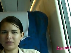 Shameless bitch Zuzinka showcases her shaved pussy in the train