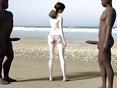 White Damsel Gets Blacked On The Beach By 2 Bbcs