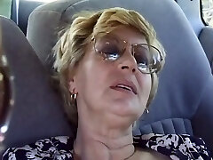 Mature Pauline fingers her old honeypot in a car and gets pummeled